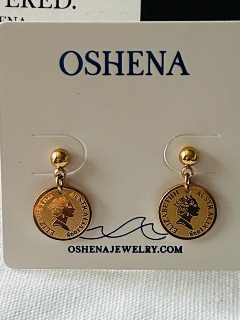 Oshena Designer beachwear Queen‎ Elizabeth coin Gold-Tone Earrings